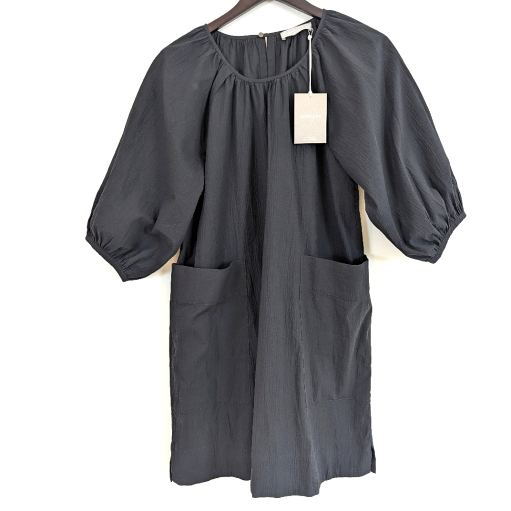 NWT Everlane Seersucker Puff Sleeve Mini Dress Black Size Medium - Picture 3 of 16